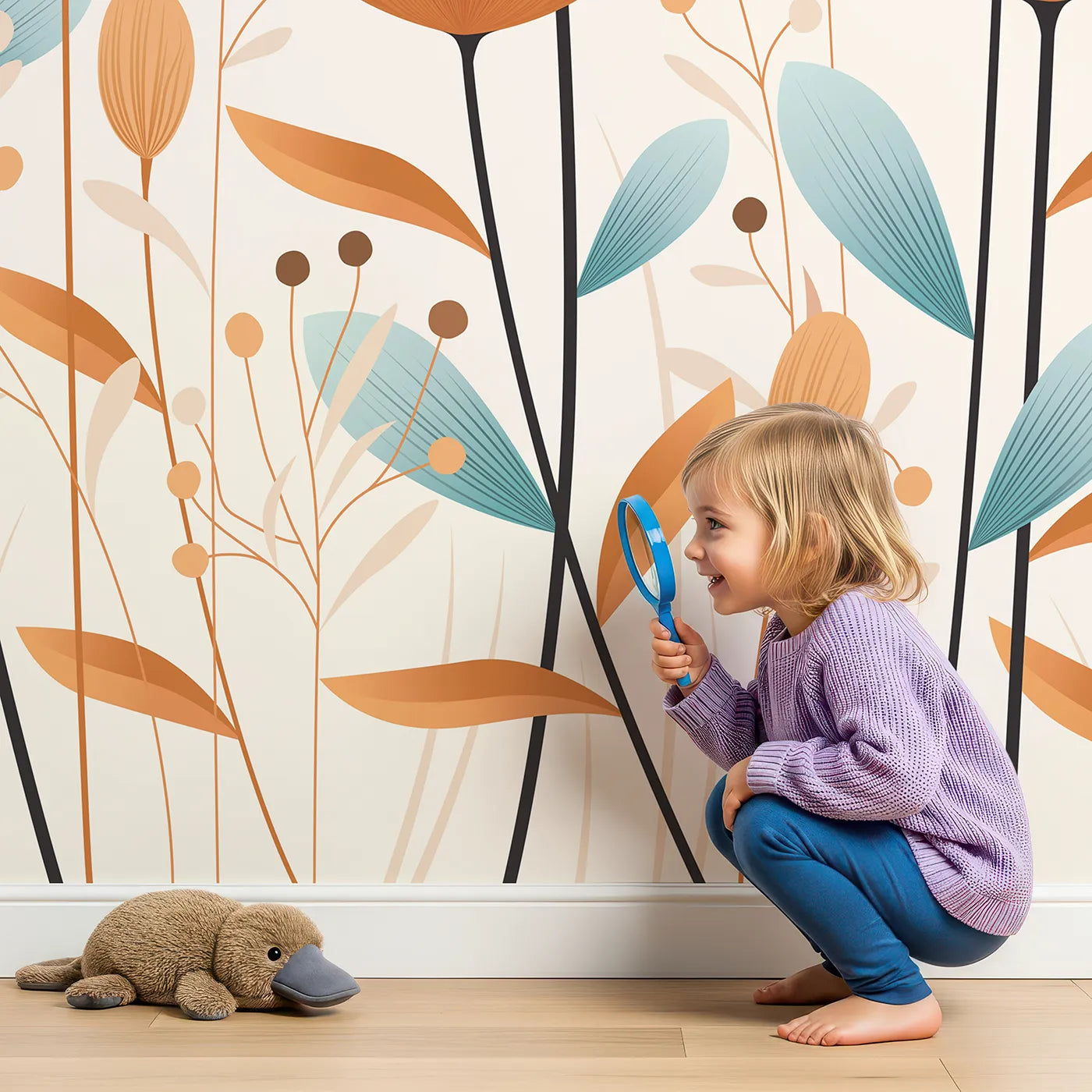 Child in front of Whimsy Tots Minimalist Flower Meadow Wall Mural in Blue with flower, wildflower, minimalist, modern, blue, orange, floral, garden in design.