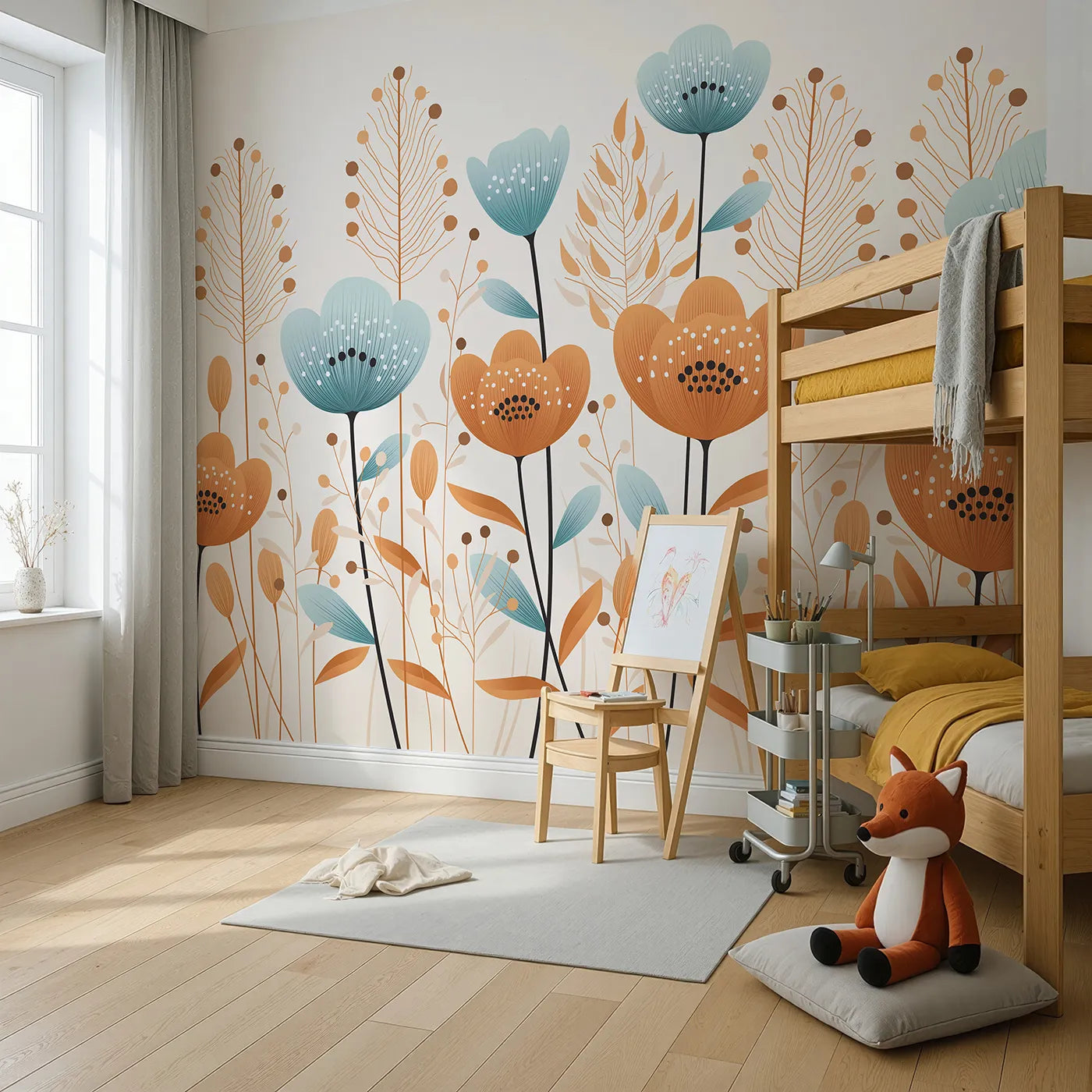 Angled view of Whimsy Tots' Minimalist Flower Meadow Wall Mural in Blue (Turn Their Room into a Field of Simple, Modern Flowers).Gender-Neutral