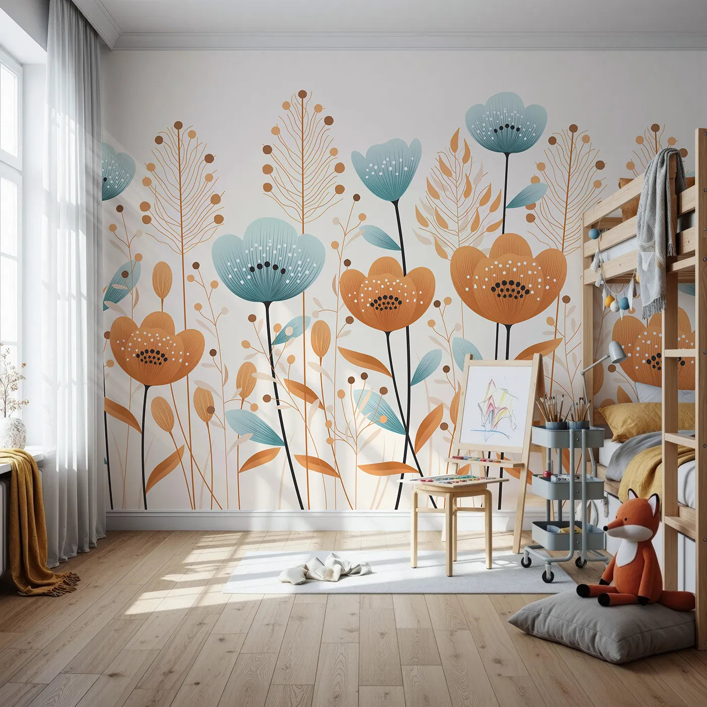 Front view of Whimsy Tots' Minimalist Flower Meadow Wall Mural in Blue