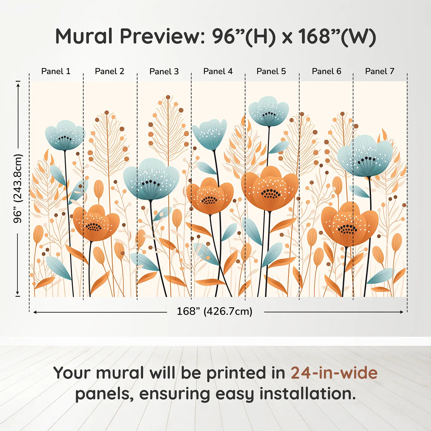 Whimsy Tots Minimalist Flower Meadow Wall Mural in Bluedimension view (96" H x 168" W). Printed in seven 24-inch-wide panels. Gender-Neutral