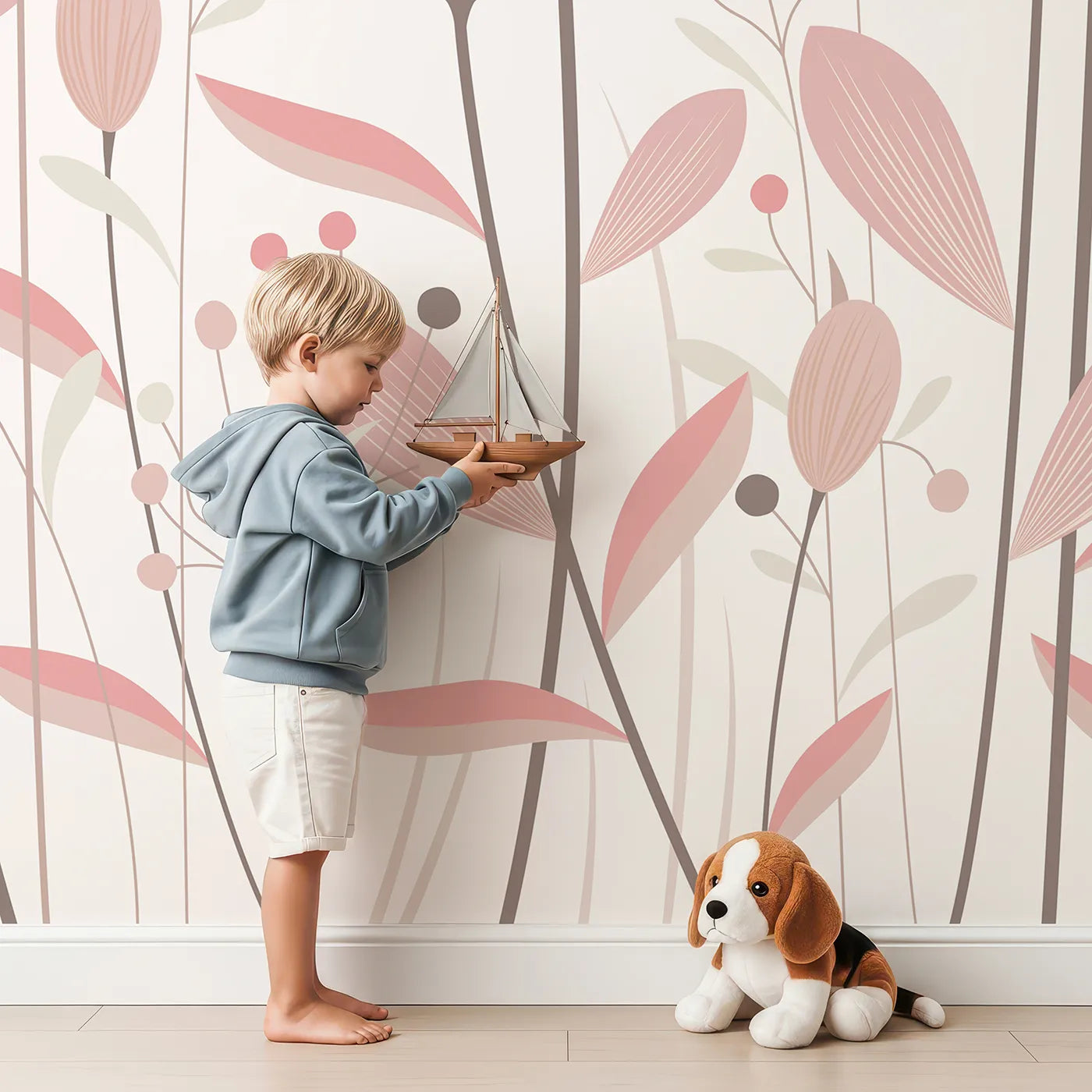 Child in front of Whimsy Tots Minimalist Flower Meadow Wall Mural in Pink with flower, wildflower, minimalist, modern, pink, floral, garden, simple in design.
