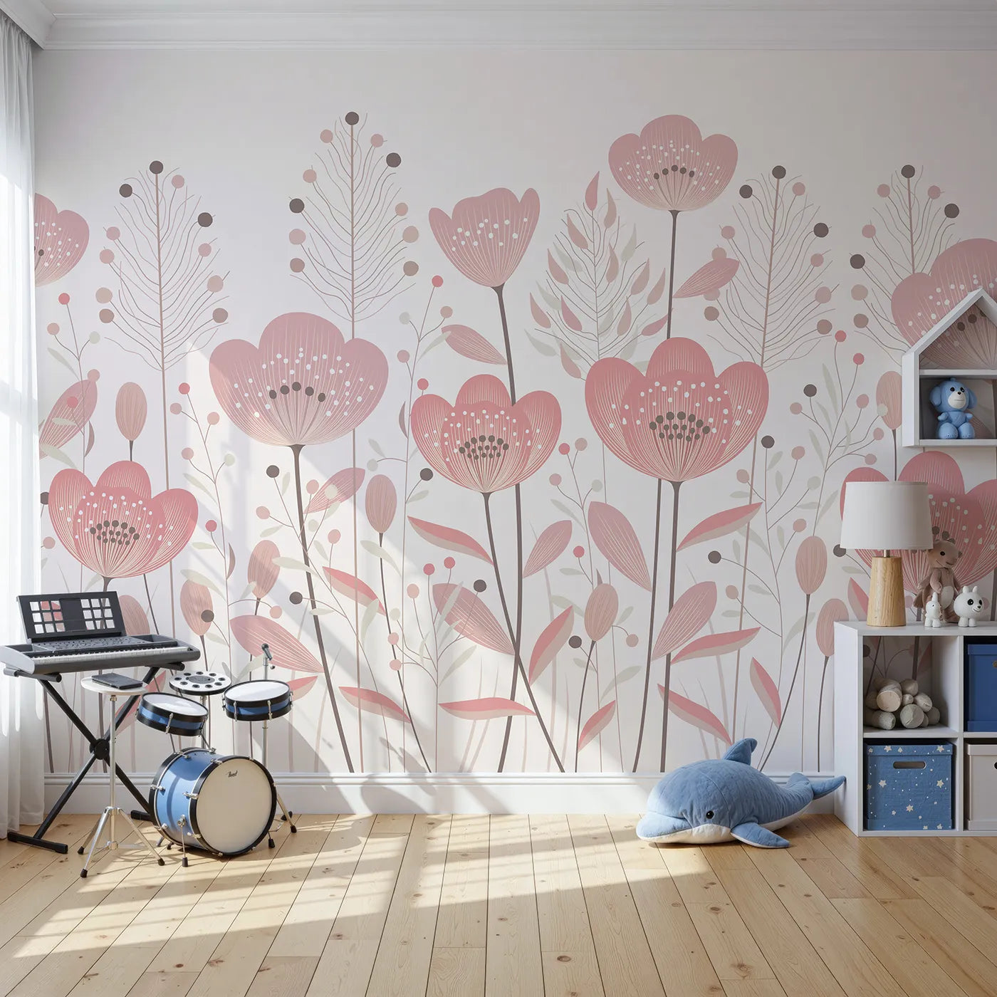 Front view of Whimsy Tots' Minimalist Flower Meadow Wall Mural in Pink