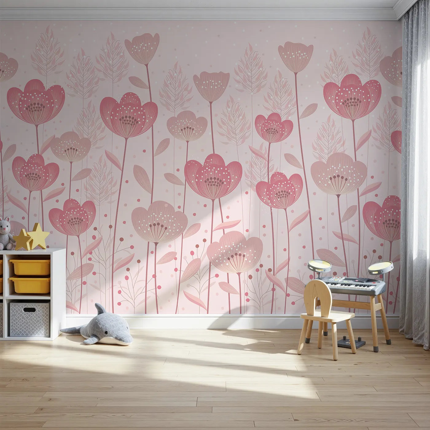 Front view of Whimsy Tots' Pink Flower Meadow Wall Mural