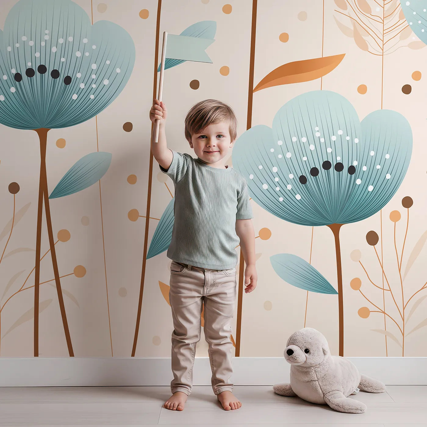 Child in front of Whimsy Tots Fairy Flower Garden Wall Mural in Orange with flower, fairy, modern, blue, orange, floral, garden, magical in design.