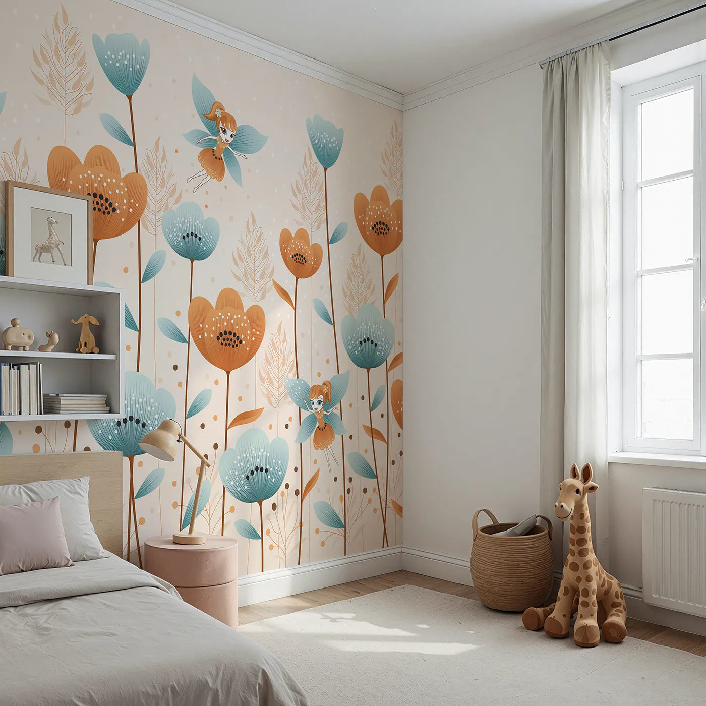 Angled view of Whimsy Tots' Fairy Flower Garden Wall Mural in Orange (Turn Their Room into a Magical, Enchanted Meadow).Best for Girls
