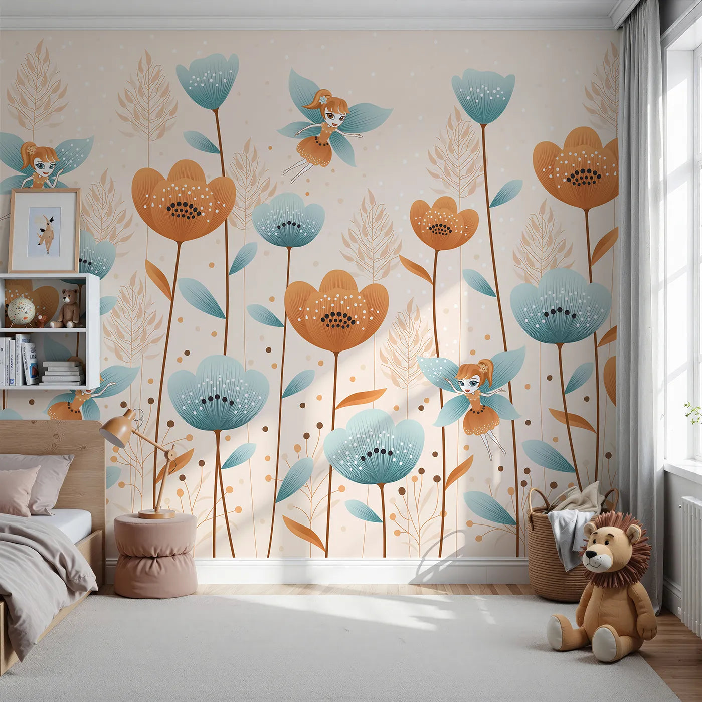 Front view of Whimsy Tots' Fairy Flower Garden Wall Mural in Orange