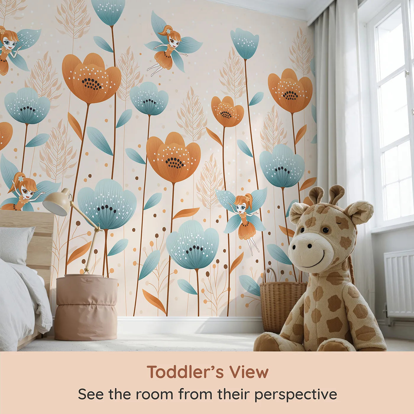 Whimsy Tots Fairy Flower Garden Wall Mural in Orange (Turn Their Room into a Magical, Enchanted Meadow) from your child's view.Best for Girls