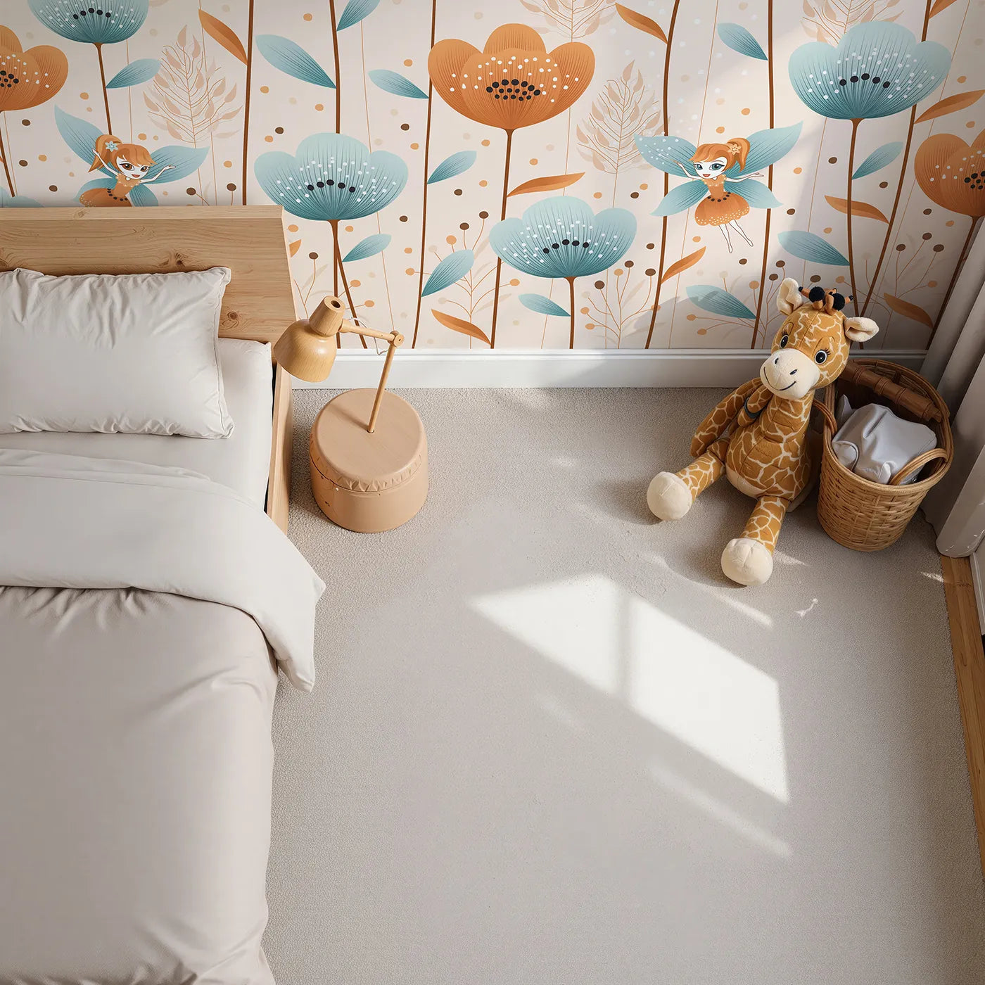 Top-down view of Whimsy Tots' Fairy Flower Garden Wall Mural in Orange (Turn Their Room into a Magical, Enchanted Meadow).Best for Girls