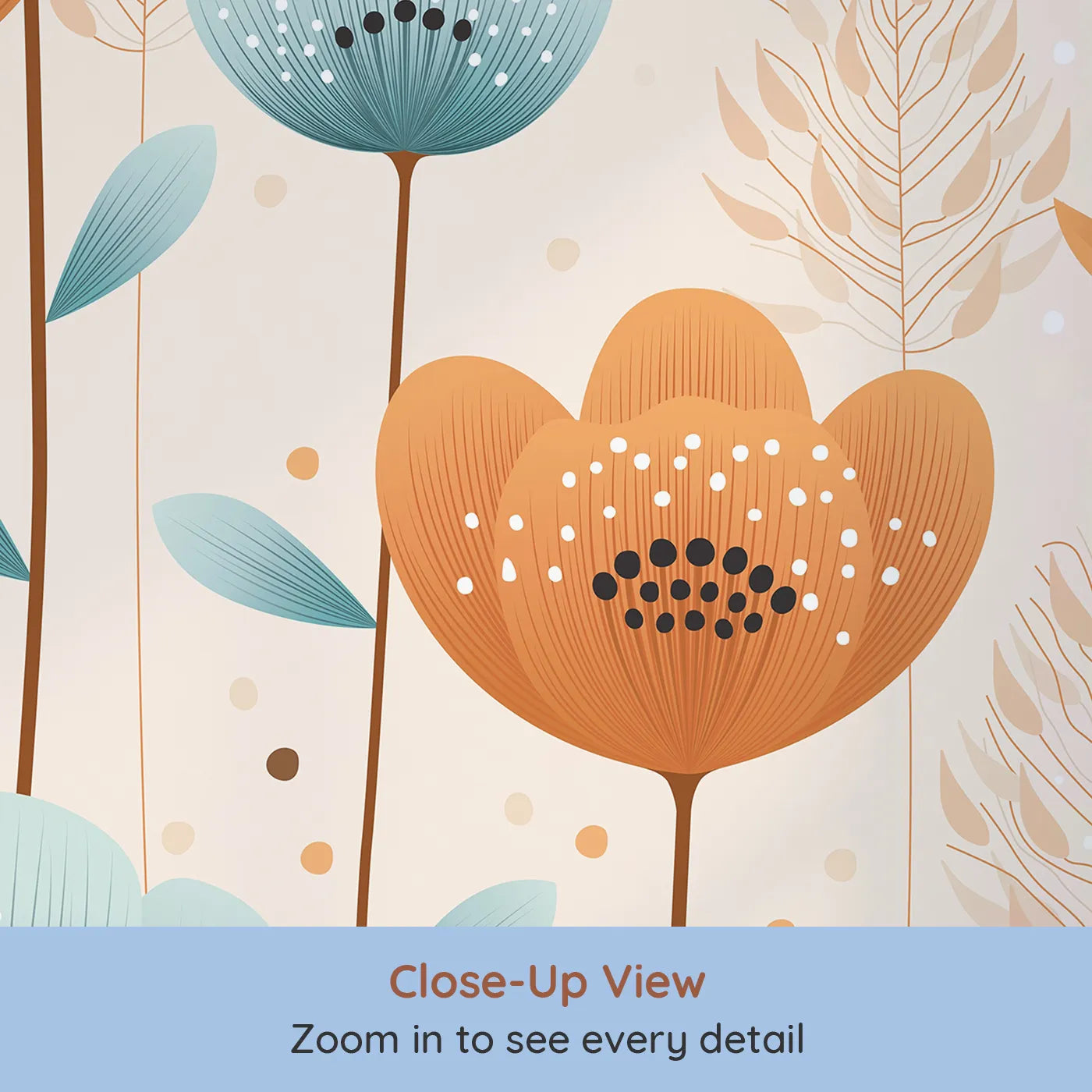 Close-up view of Whimsy Tots' Fairy Flower Garden Wall Mural in Orange (Turn Their Room into a Magical, Enchanted Meadow).Best for Girls