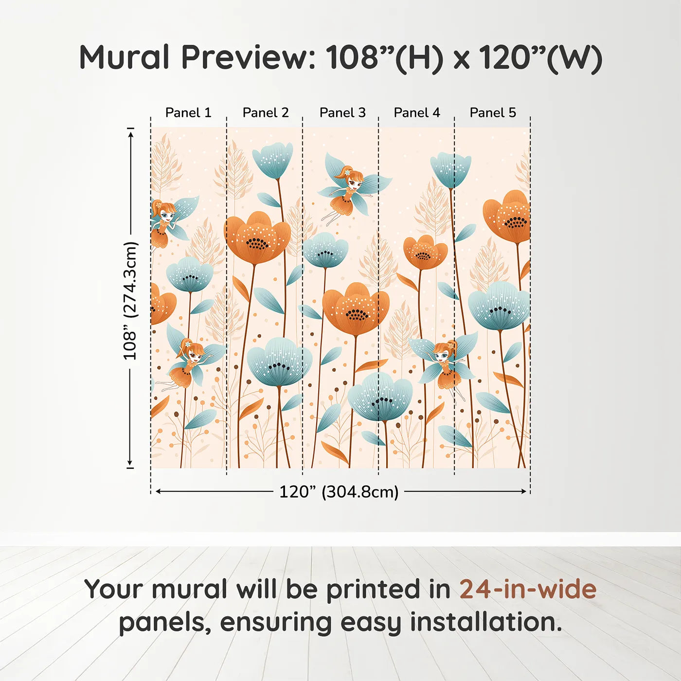 Whimsy Tots Fairy Flower Garden Wall Mural in Orangedimension view (108" H x 120" W). Printed in five 24-inch-wide panels. Best for Girls