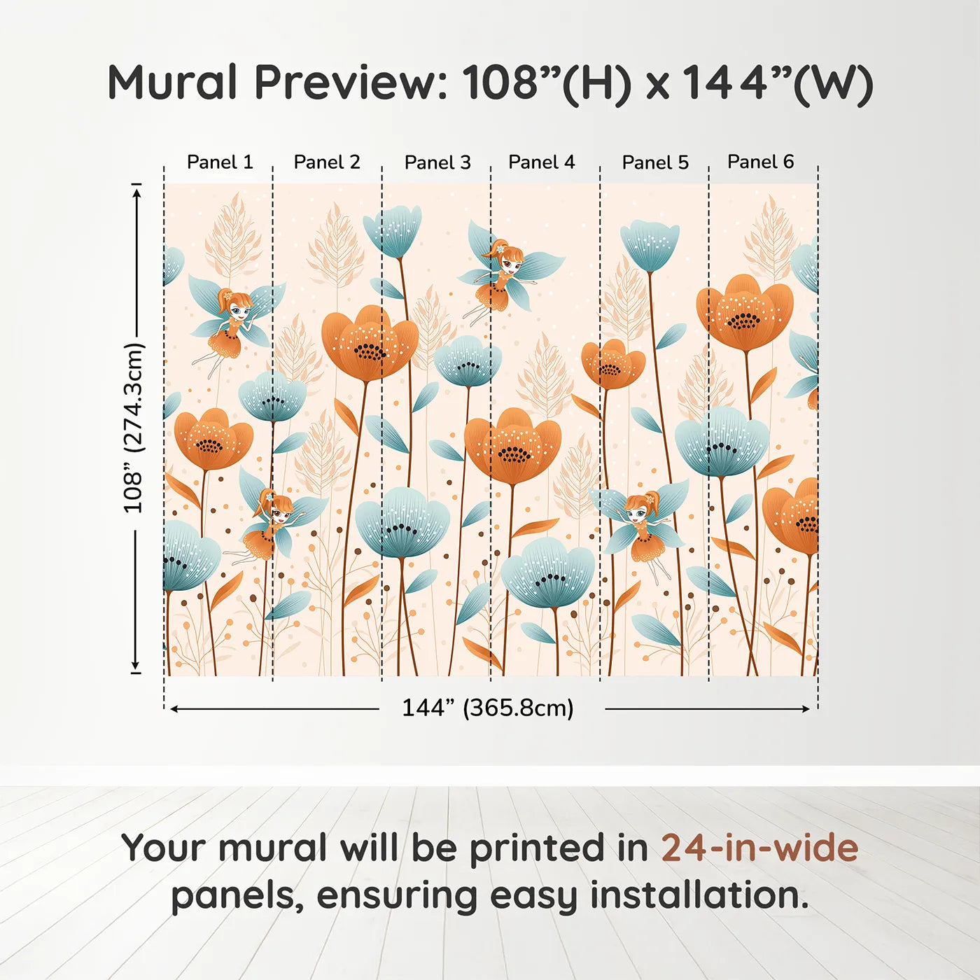 Whimsy Tots Fairy Flower Garden Wall Mural in Orangedimension view (108" H x 144" W). Printed in six 24-inch-wide panels. Best for Girls