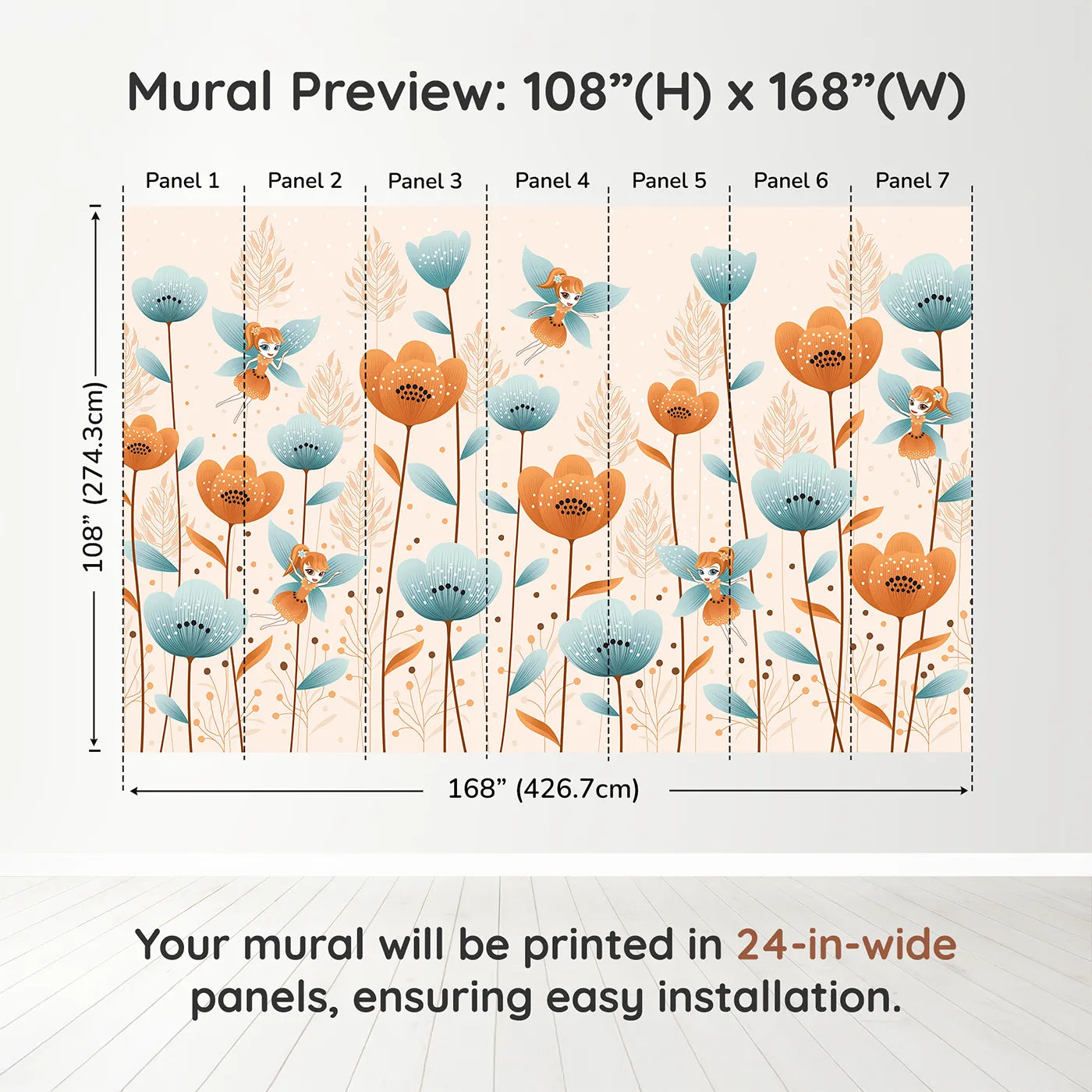 Whimsy Tots Fairy Flower Garden Wall Mural in Orangedimension view (108" H x 168" W). Printed in seven 24-inch-wide panels. Best for Girls