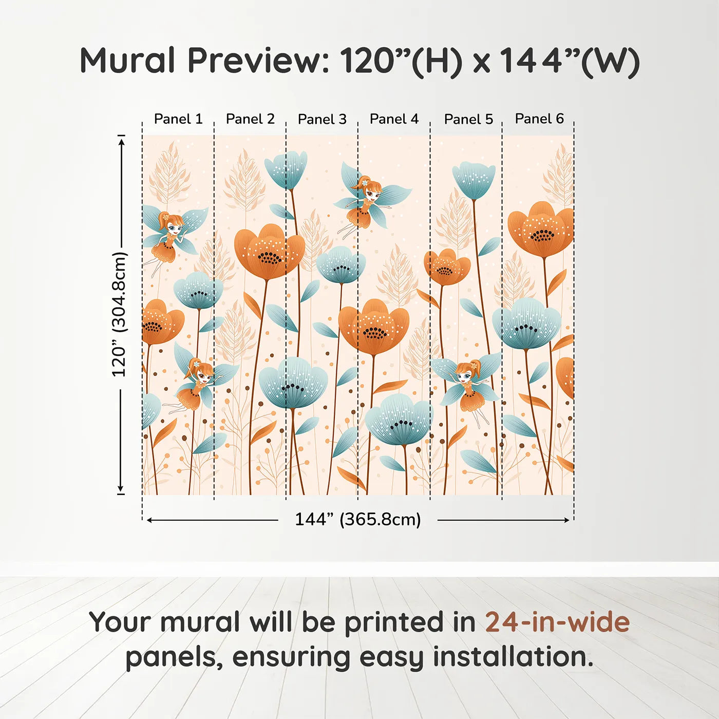 Whimsy Tots Fairy Flower Garden Wall Mural in Orangedimension view (120" H x 144" W). Printed in six 24-inch-wide panels. Best for Girls