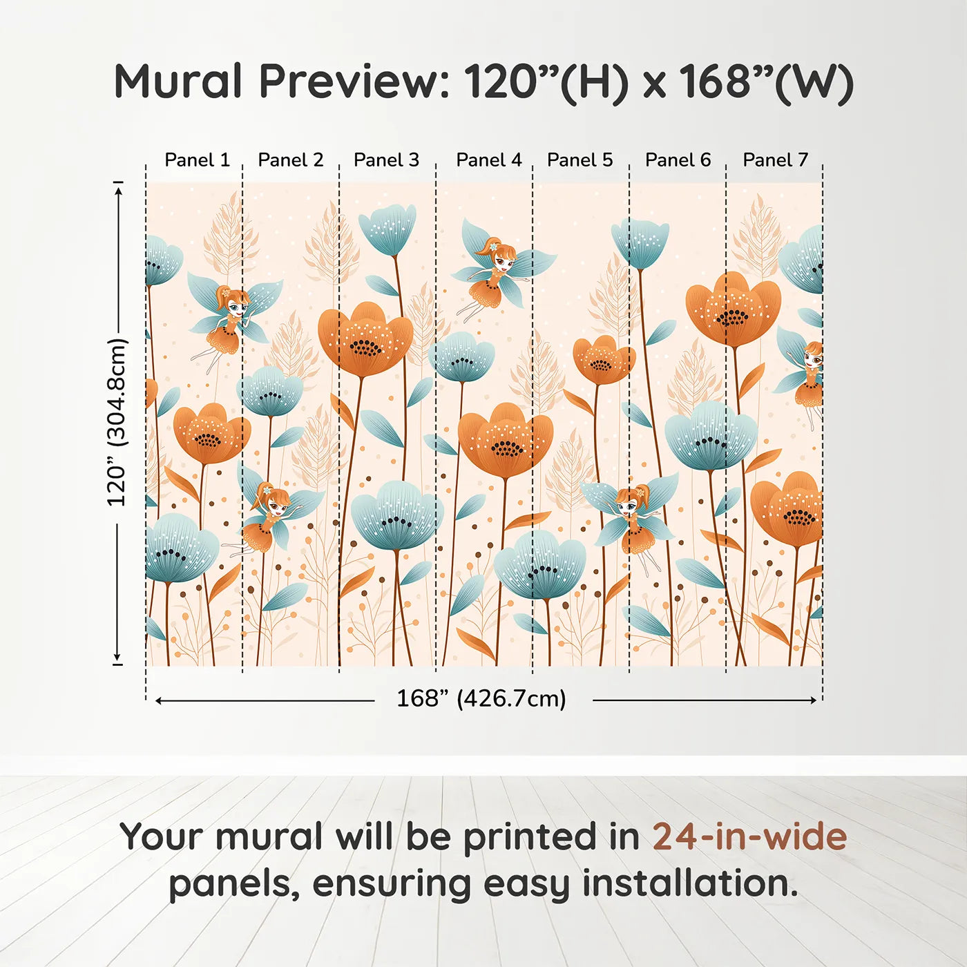 Whimsy Tots Fairy Flower Garden Wall Mural in Orangedimension view (120" H x 168" W). Printed in seven 24-inch-wide panels. Best for Girls