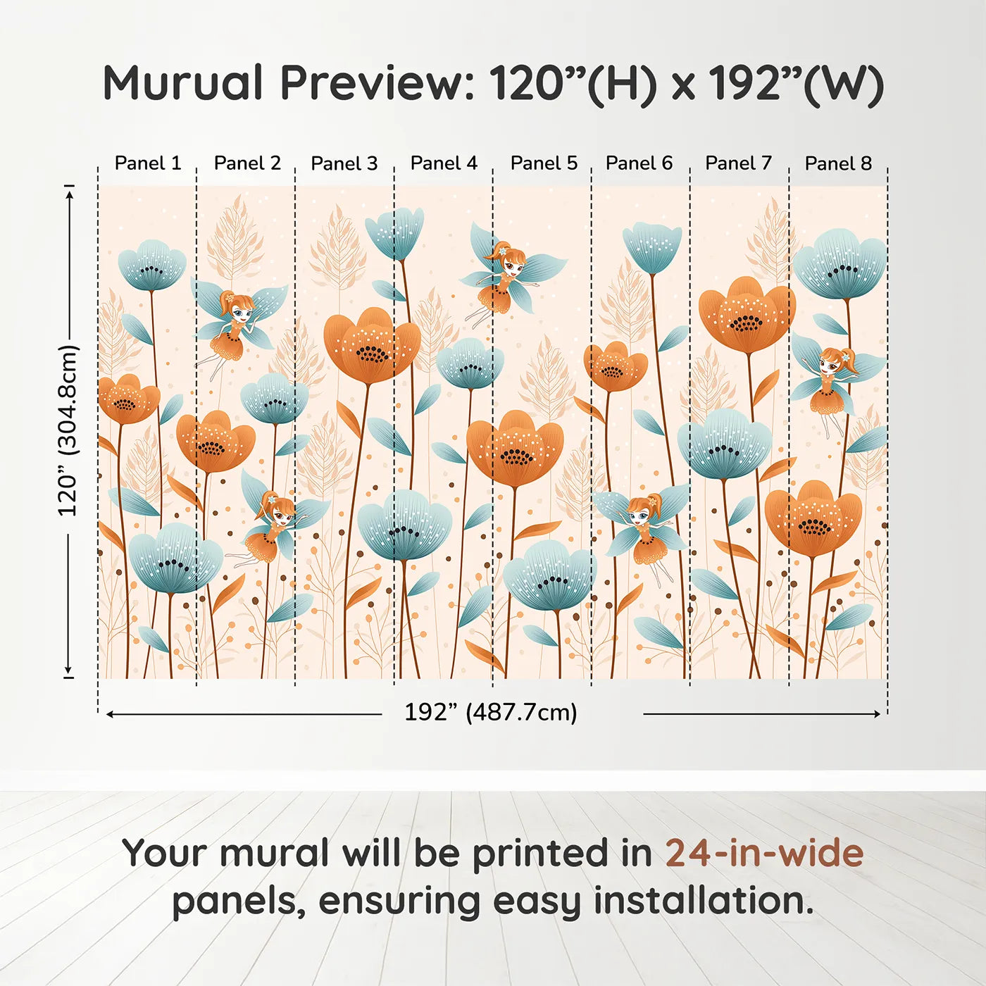 Whimsy Tots Fairy Flower Garden Wall Mural in Orangedimension view (120" H x 192" W). Printed in eight 24-inch-wide panels. Best for Girls