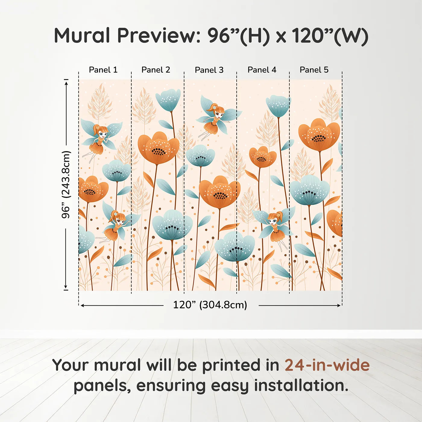 Whimsy Tots Fairy Flower Garden Wall Mural in Orangedimension view (96" H x 120" W). Printed in five 24-inch-wide panels. Best for Girls