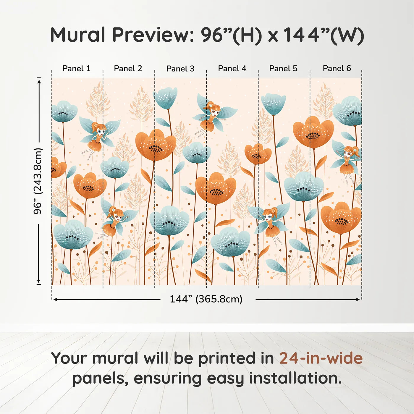 Whimsy Tots Fairy Flower Garden Wall Mural in Orangedimension view (96" H x 144" W). Printed in six 24-inch-wide panels. Best for Girls