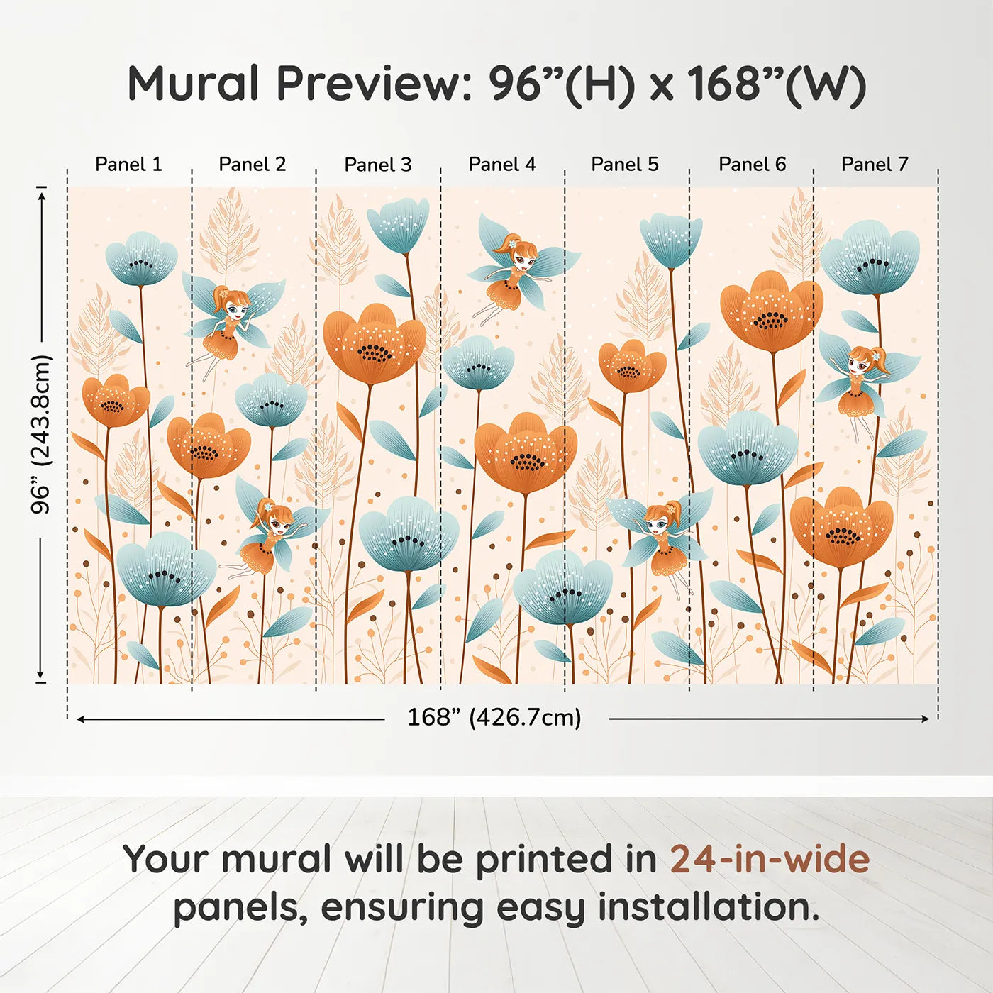 Whimsy Tots Fairy Flower Garden Wall Mural in Orangedimension view (96" H x 168" W). Printed in seven 24-inch-wide panels. Best for Girls