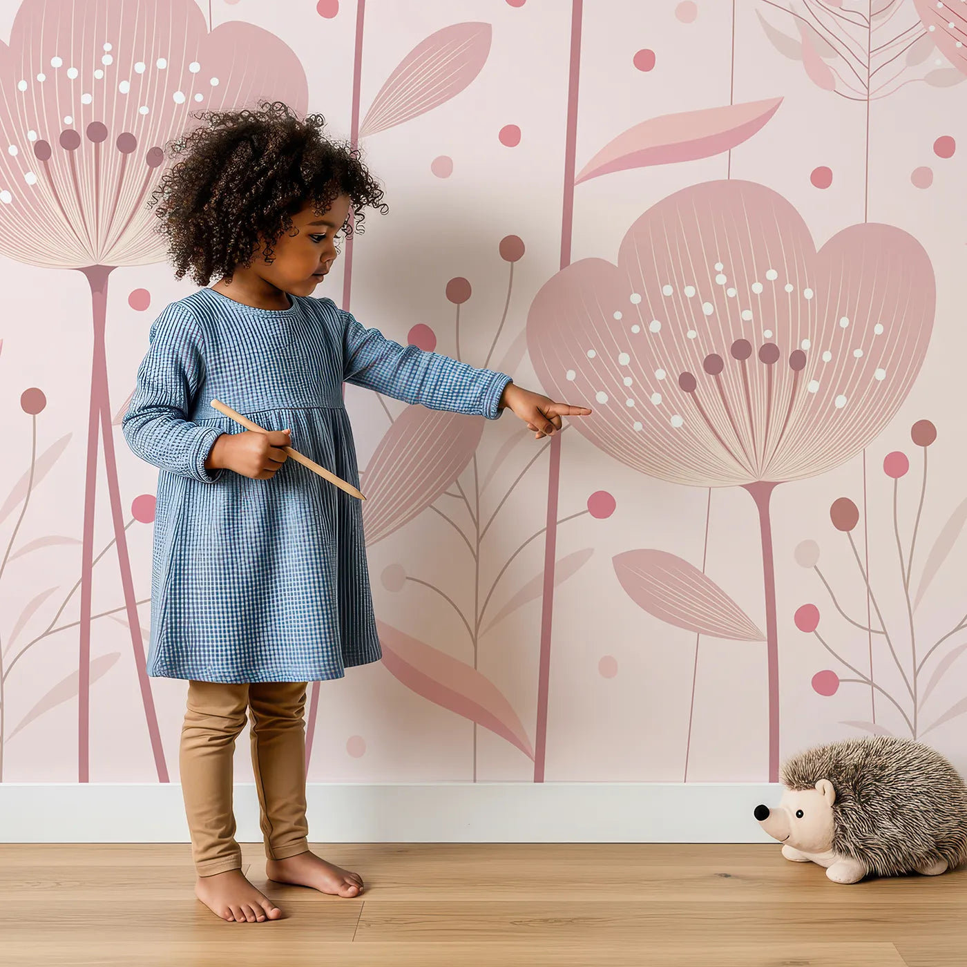 Child in front of Whimsy Tots Fairy Flower Garden Wall Mural in Pink with flower, fairy, modern, pink, floral, garden, magical, cute in design.