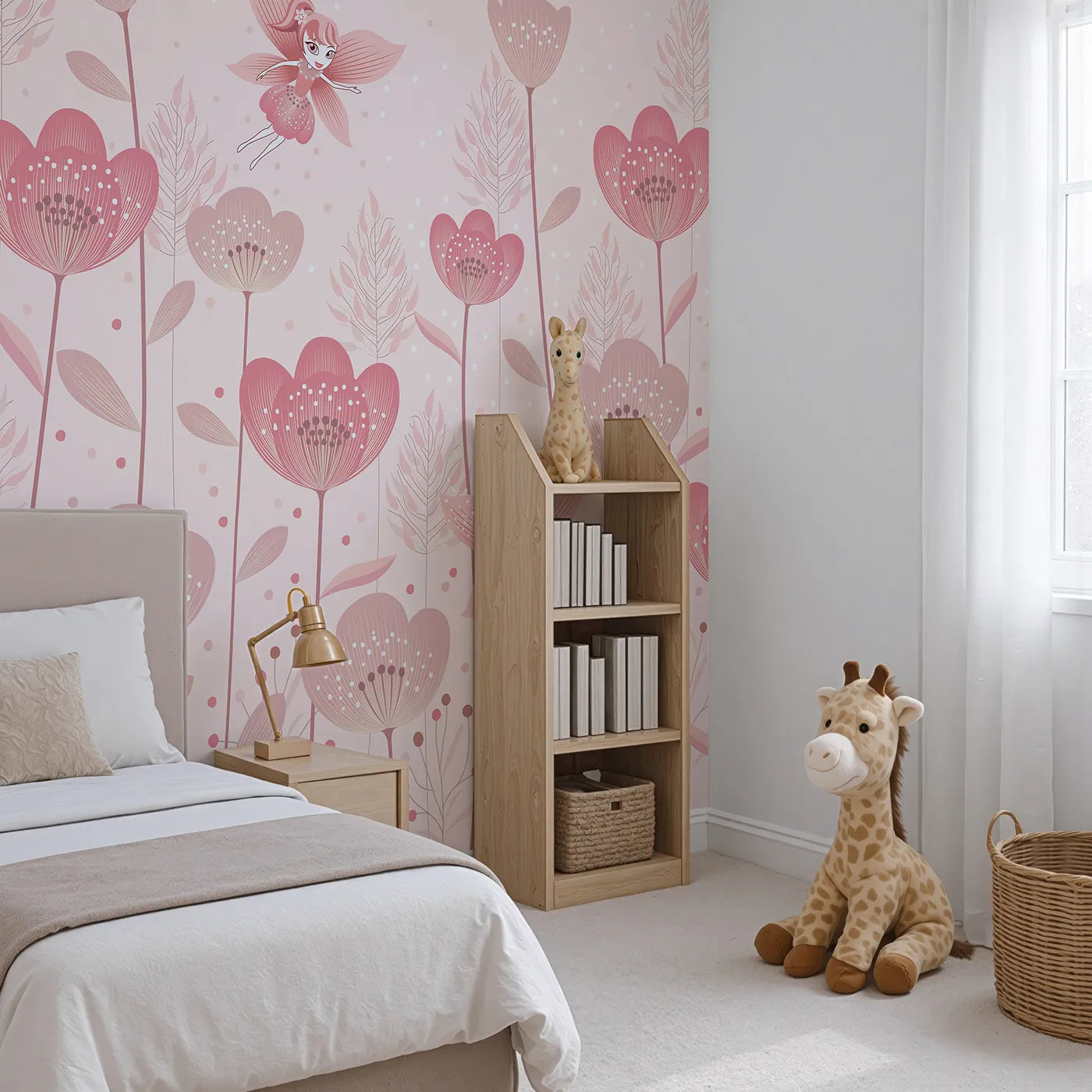 Angled view of Whimsy Tots' Fairy Flower Garden Wall Mural in Pink (Turn Their Room into a Magical, Enchanted Meadow).Best for Girls