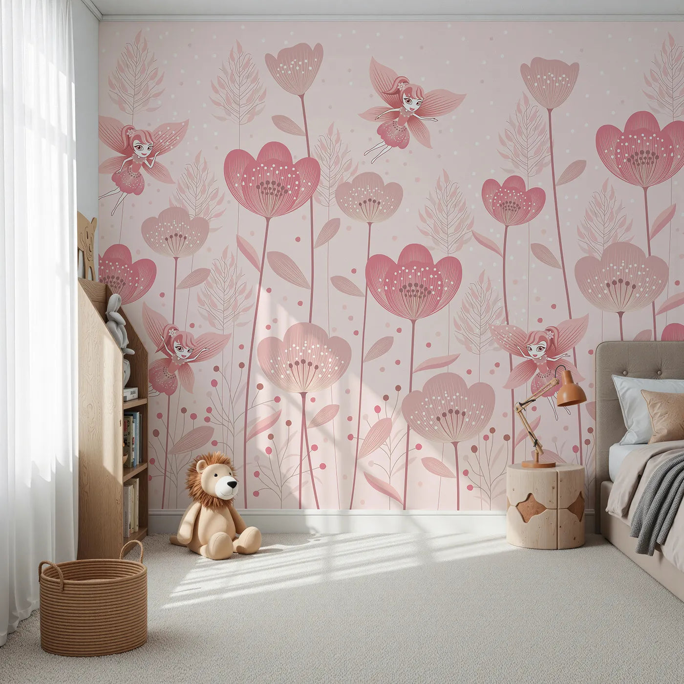 Front view of Whimsy Tots' Fairy Flower Garden Wall Mural in Pink