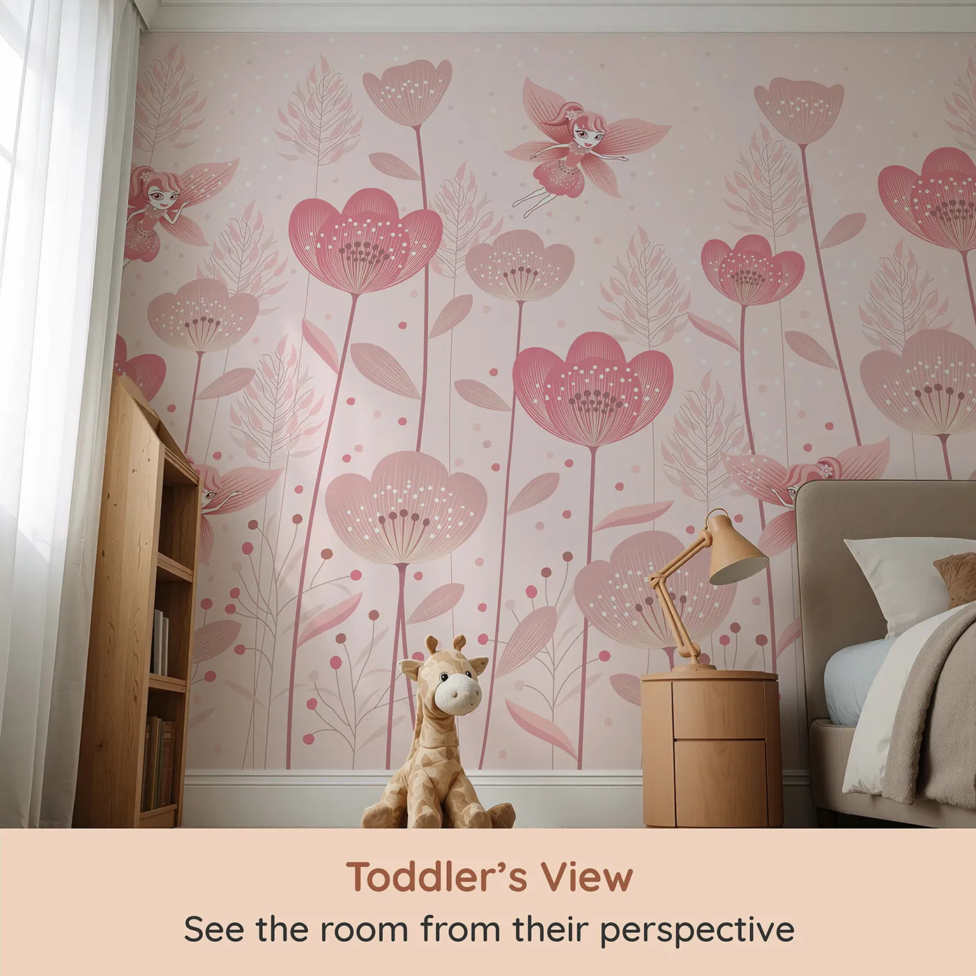 Whimsy Tots Fairy Flower Garden Wall Mural in Pink (Turn Their Room into a Magical, Enchanted Meadow) from your child's view.Best for Girls
