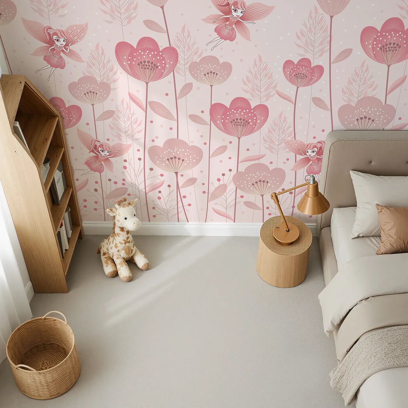 Top-down view of Whimsy Tots' Fairy Flower Garden Wall Mural in Pink (Turn Their Room into a Magical, Enchanted Meadow).Best for Girls