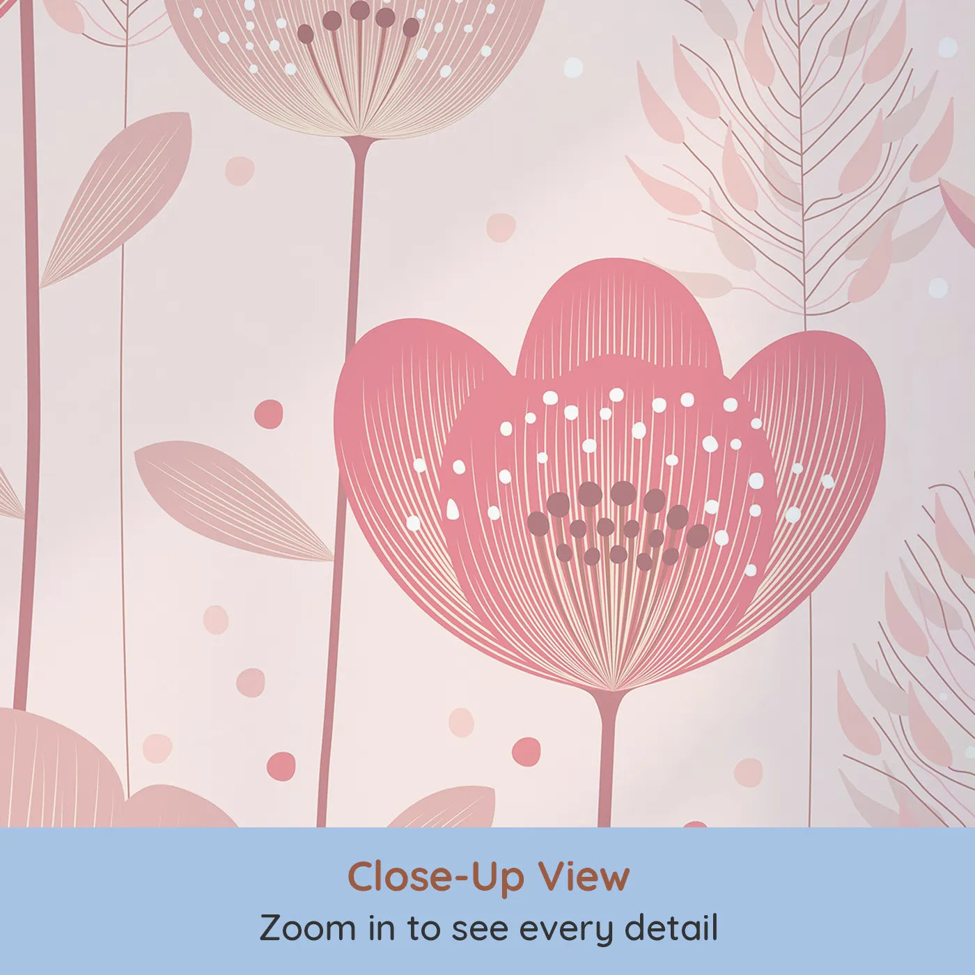 Close-up view of Whimsy Tots' Fairy Flower Garden Wall Mural in Pink (Turn Their Room into a Magical, Enchanted Meadow).Best for Girls