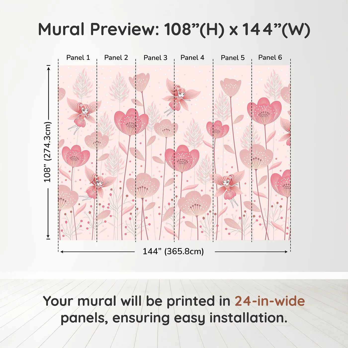 Whimsy Tots Fairy Flower Garden Wall Mural in Pinkdimension view (108" H x 144" W). Printed in six 24-inch-wide panels. Best for Girls