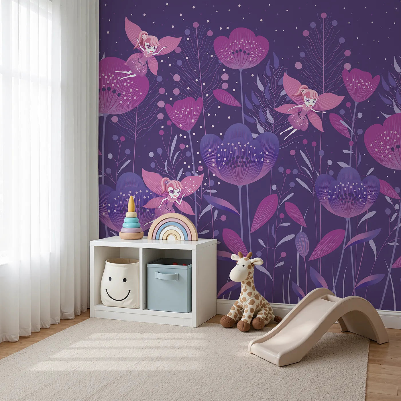 Angled view of Whimsy Tots' Fairy Flower Garden Wall Mural in Purple (Turn Their Room into a Magical, Enchanted Meadow).Best for Girls