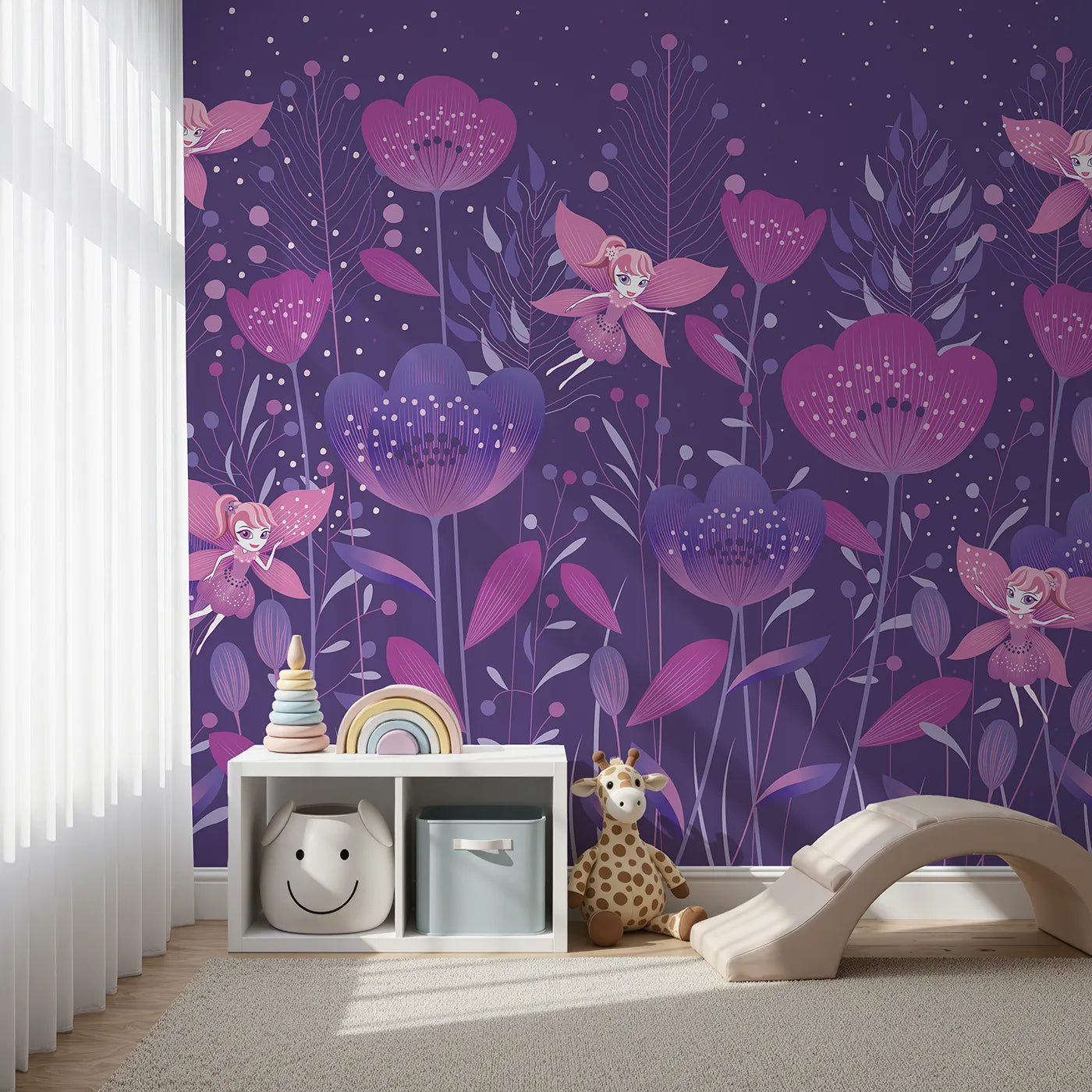 Front view of Whimsy Tots' Fairy Flower Garden Wall Mural in Purple