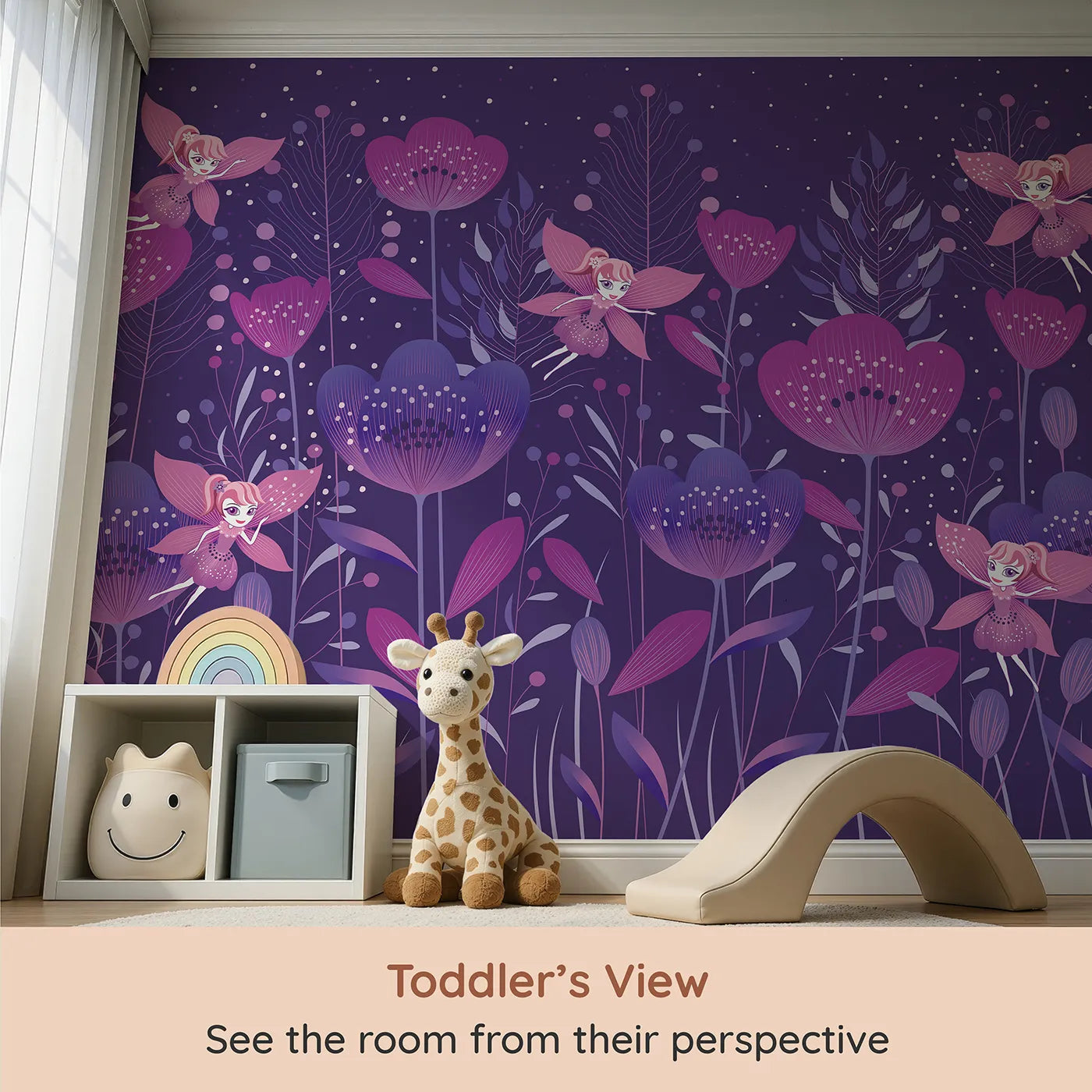 Whimsy Tots Fairy Flower Garden Wall Mural in Purple (Turn Their Room into a Magical, Enchanted Meadow) from your child's view.Best for Girls