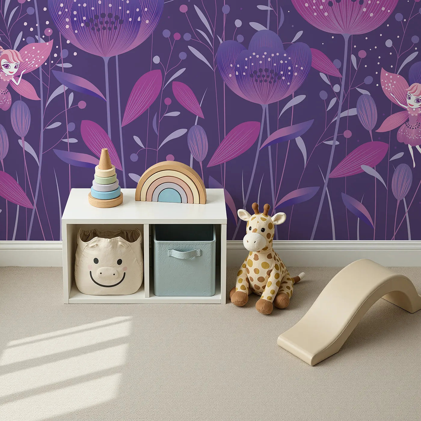 Top-down view of Whimsy Tots' Fairy Flower Garden Wall Mural in Purple (Turn Their Room into a Magical, Enchanted Meadow).Best for Girls