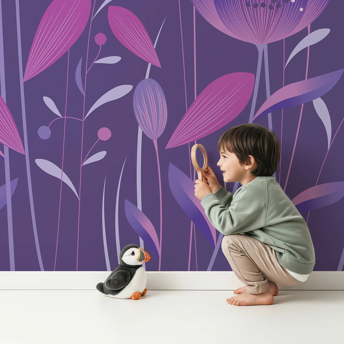 Child in front of Whimsy Tots Fairy Flower Garden Wall Mural in Purple with flower, fairy, modern, purple, floral, garden, magical, cute in design.