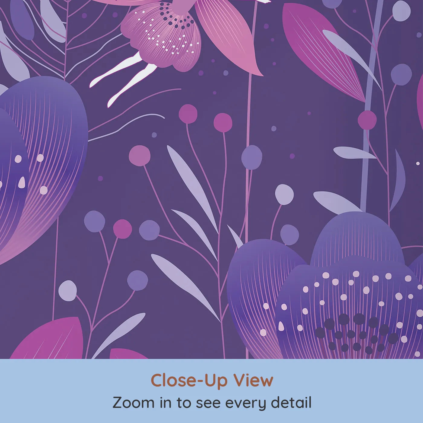 Close-up view of Whimsy Tots' Fairy Flower Garden Wall Mural in Purple (Turn Their Room into a Magical, Enchanted Meadow).Best for Girls