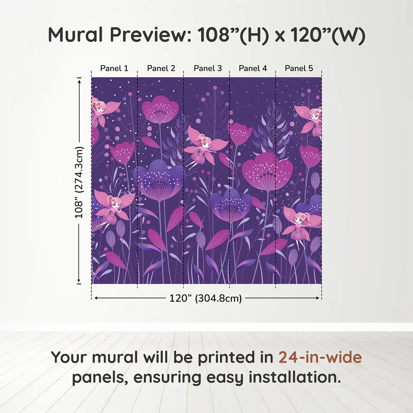 Whimsy Tots Fairy Flower Garden Wall Mural in Purpledimension view (108" H x 120" W). Printed in five 24-inch-wide panels. Best for Girls