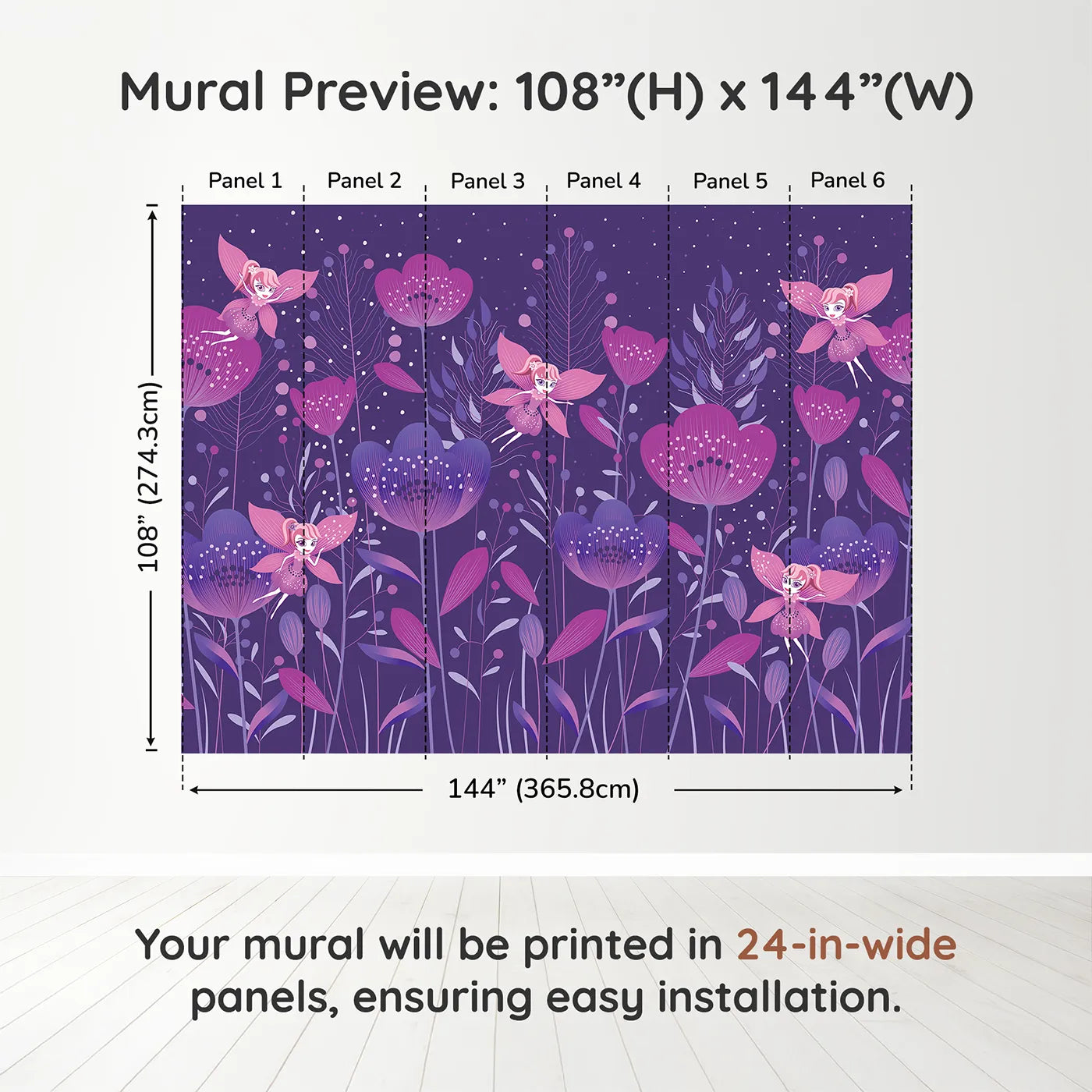 Whimsy Tots Fairy Flower Garden Wall Mural in Purpledimension view (108" H x 144" W). Printed in six 24-inch-wide panels. Best for Girls