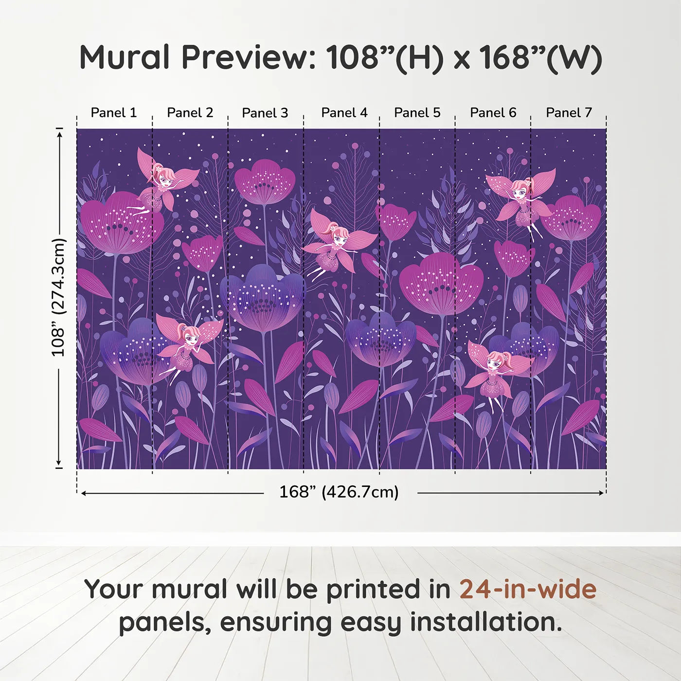 Whimsy Tots Fairy Flower Garden Wall Mural in Purpledimension view (108" H x 168" W). Printed in seven 24-inch-wide panels. Best for Girls
