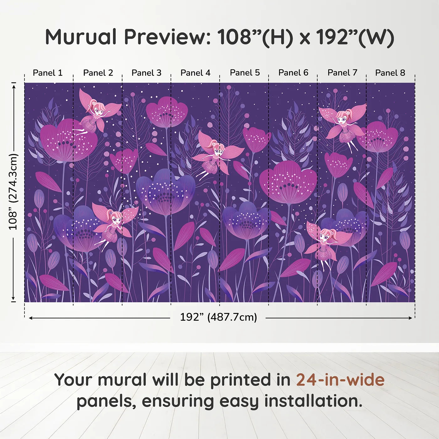 Whimsy Tots Fairy Flower Garden Wall Mural in Purpledimension view (108" H x 192" W). Printed in eight 24-inch-wide panels. Best for Girls