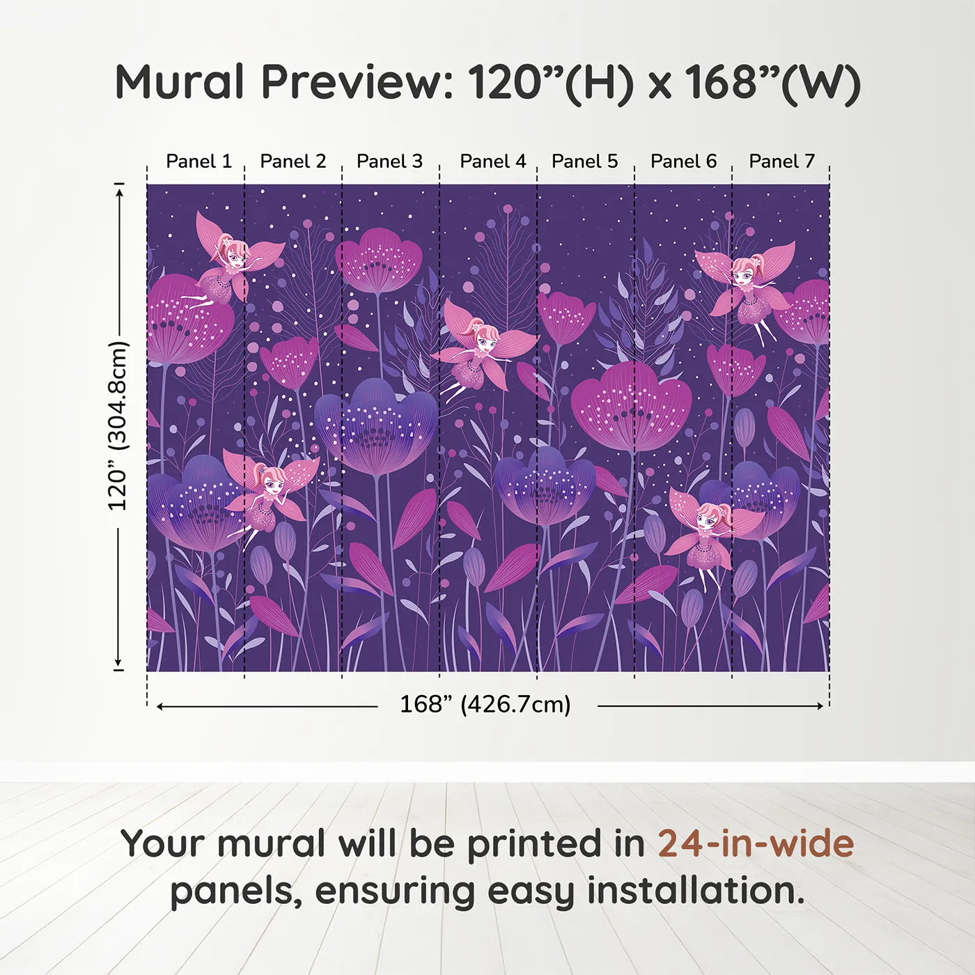 Whimsy Tots Fairy Flower Garden Wall Mural in Purpledimension view (120" H x 168" W). Printed in seven 24-inch-wide panels. Best for Girls