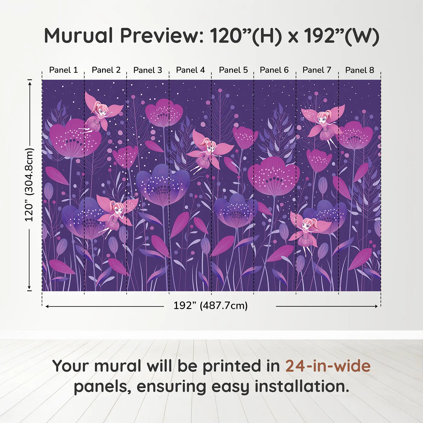 Whimsy Tots Fairy Flower Garden Wall Mural in Purpledimension view (120" H x 192" W). Printed in eight 24-inch-wide panels. Best for Girls