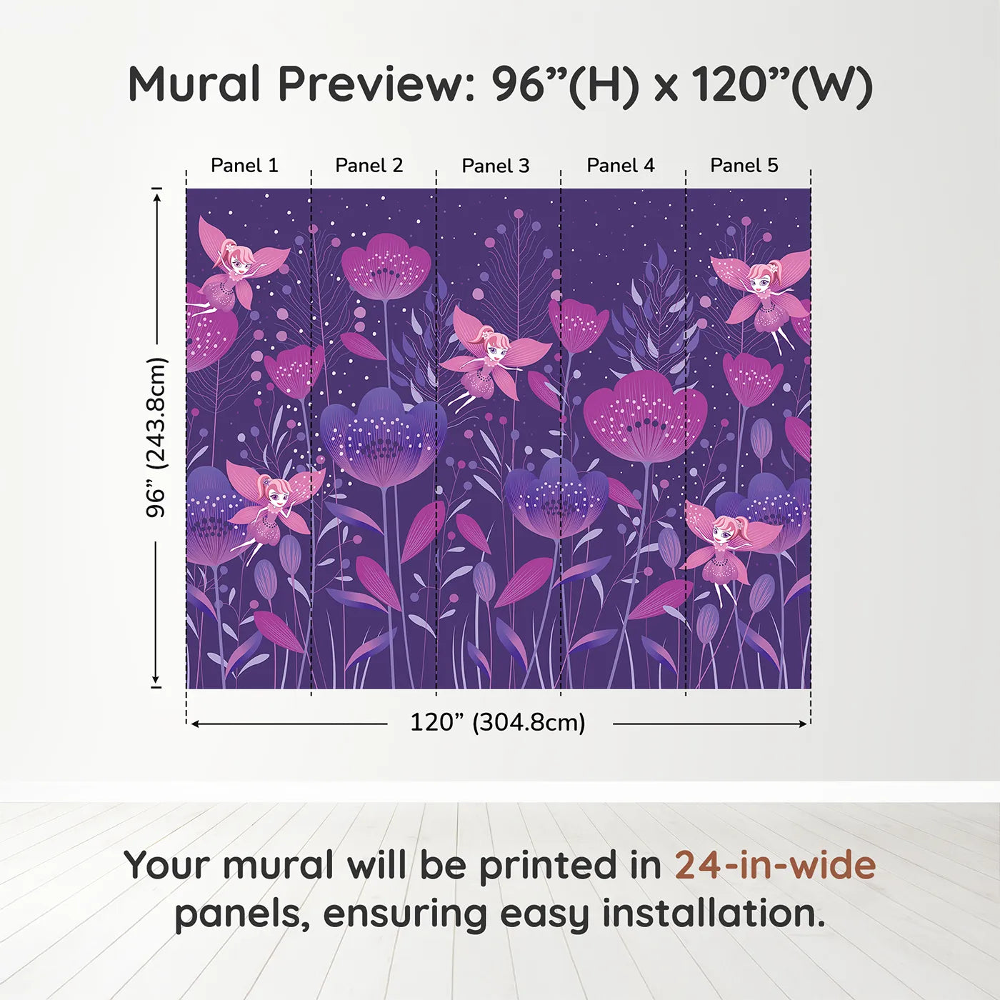Whimsy Tots Fairy Flower Garden Wall Mural in Purpledimension view (96" H x 120" W). Printed in five 24-inch-wide panels. Best for Girls