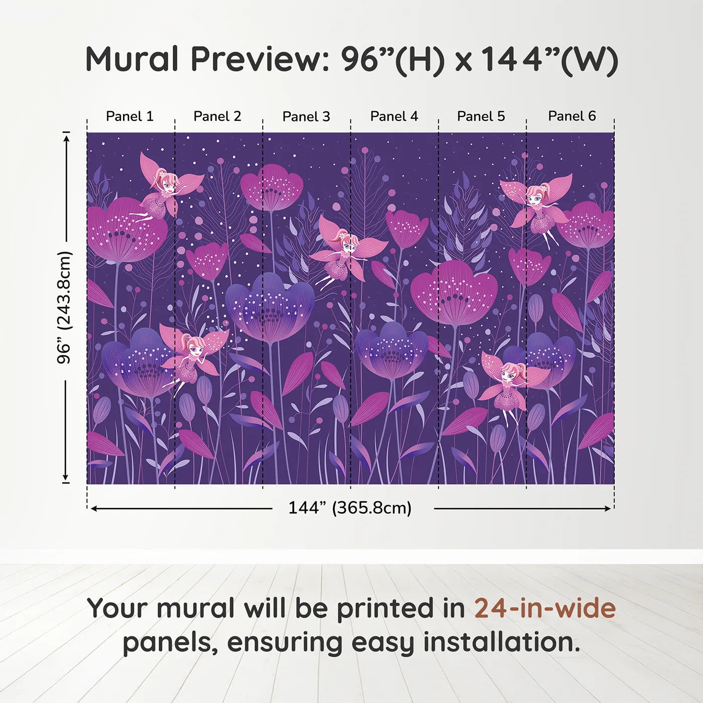Whimsy Tots Fairy Flower Garden Wall Mural in Purpledimension view (96" H x 144" W). Printed in six 24-inch-wide panels. Best for Girls