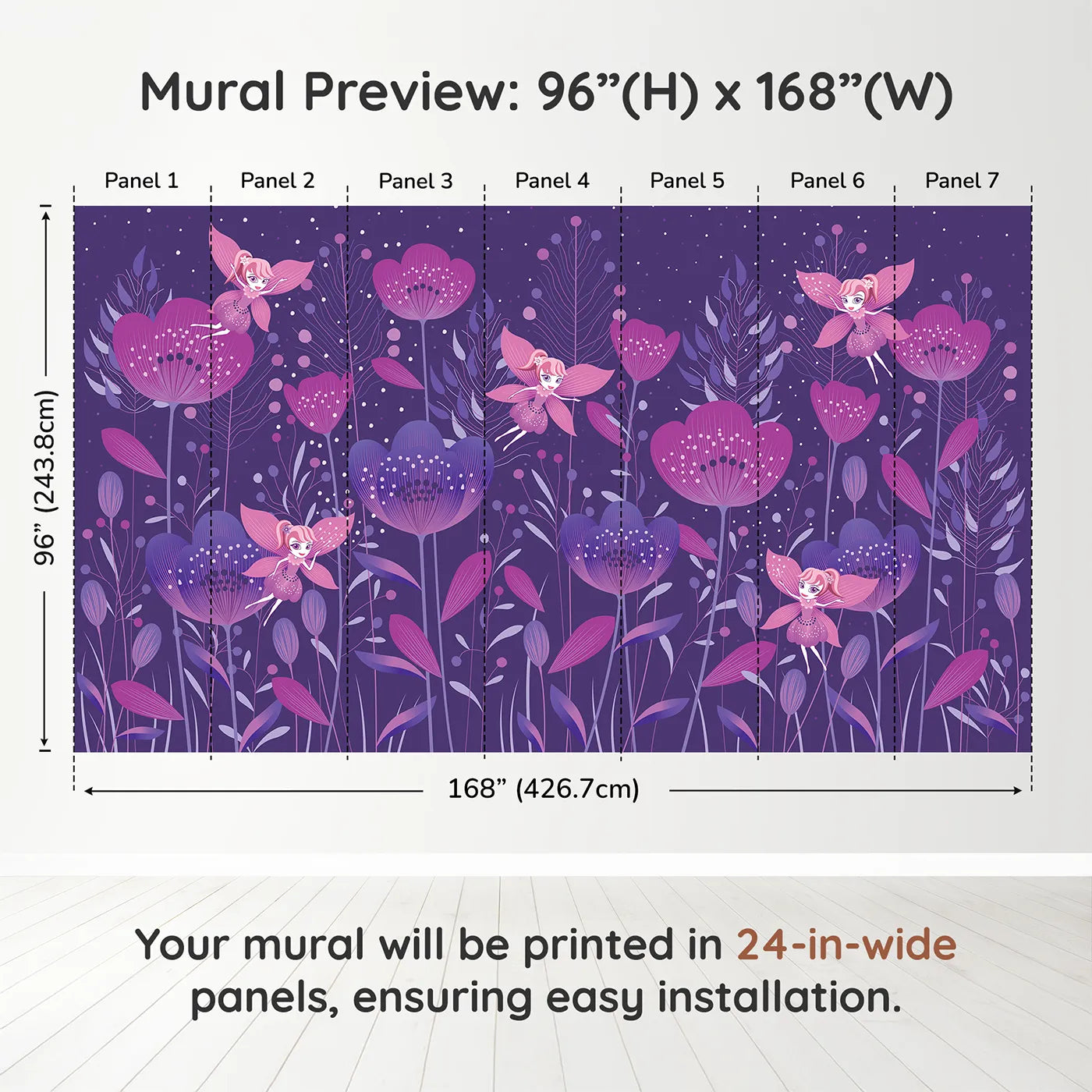 Whimsy Tots Fairy Flower Garden Wall Mural in Purpledimension view (96" H x 168" W). Printed in seven 24-inch-wide panels. Best for Girls