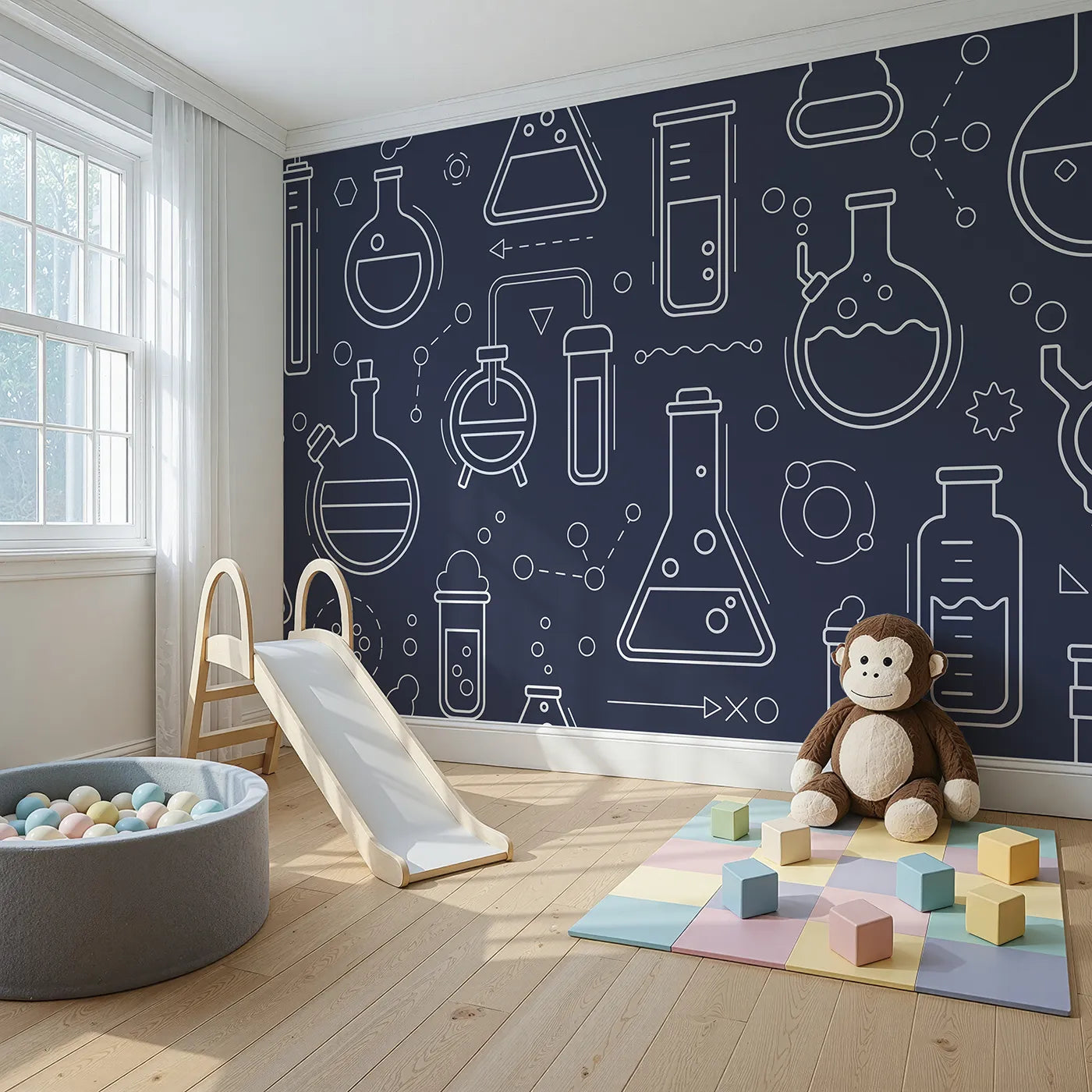 Angled view of Whimsy Tots' Chemistry Lab Line Art Wall Mural (Turn Their Room into a Cool, High-Tech Science Lab).Gender-Neutral