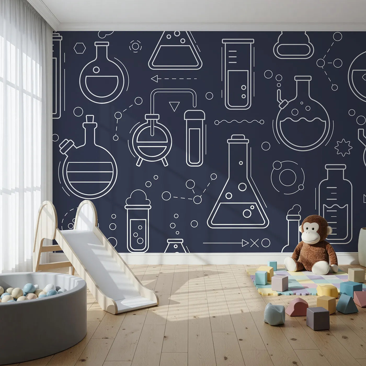 Front view of Whimsy Tots' Chemistry Lab Line Art Wall Mural