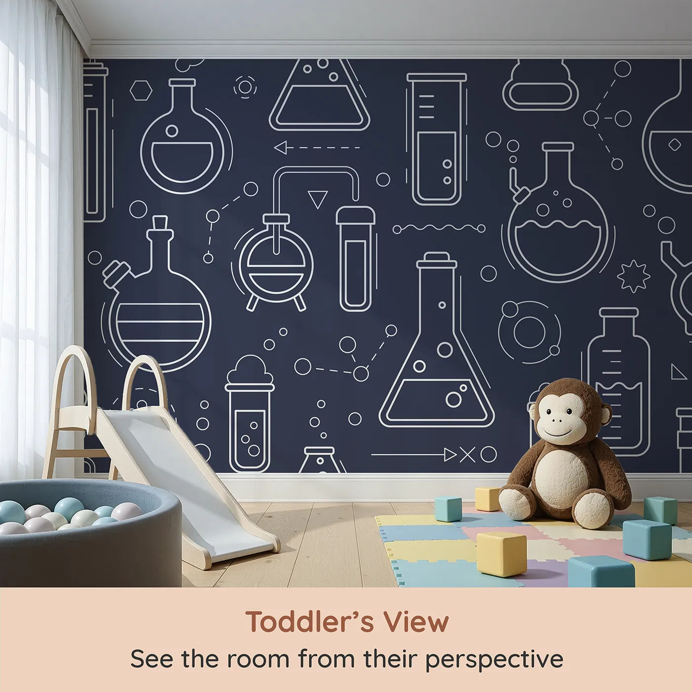 Whimsy Tots Chemistry Lab Line Art Wall Mural (Turn Their Room into a Cool, High-Tech Science Lab) from your child's view.Gender-Neutral