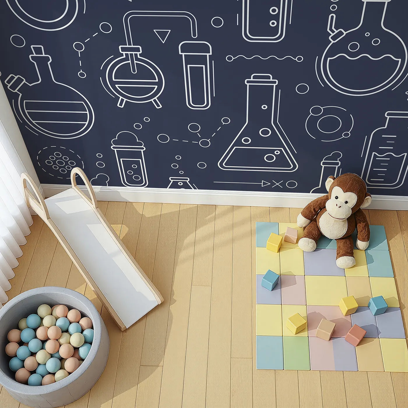 Top-down view of Whimsy Tots' Chemistry Lab Line Art Wall Mural (Turn Their Room into a Cool, High-Tech Science Lab).Gender-Neutral