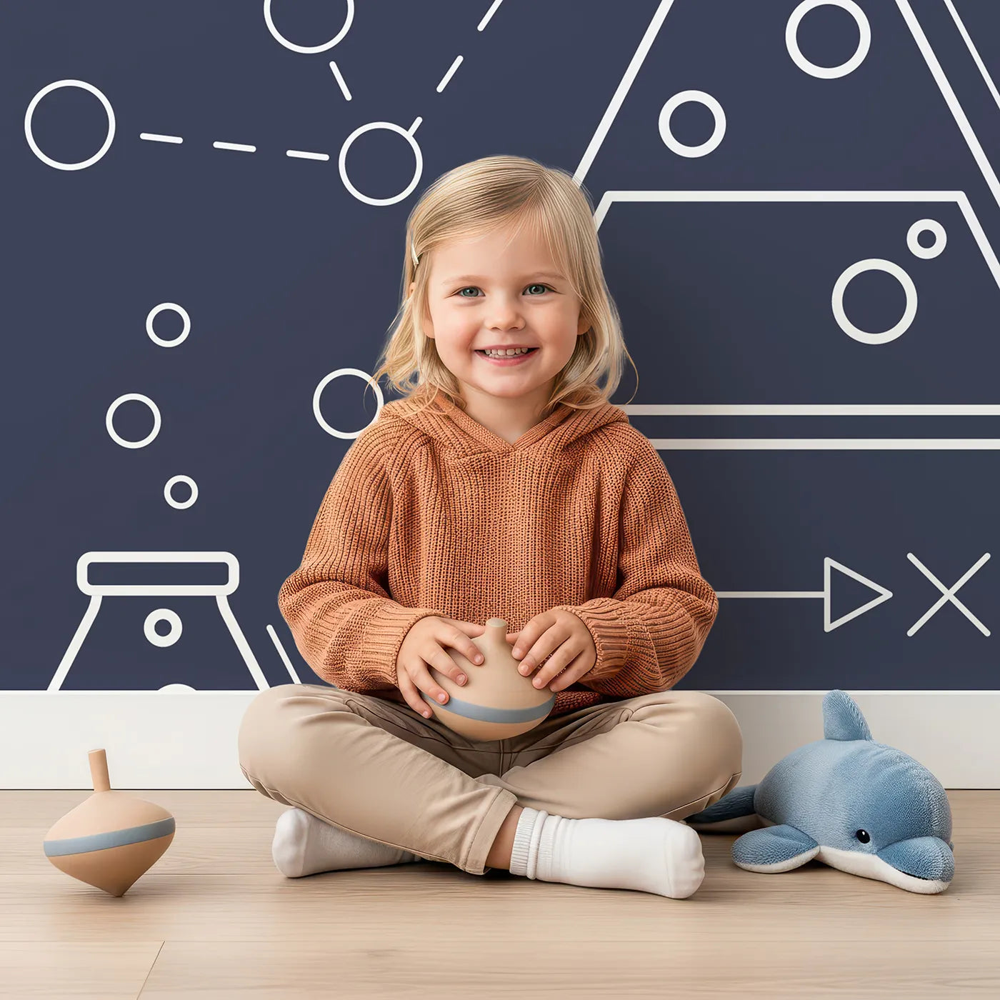 Child in front of Whimsy Tots Chemistry Lab Line Art Wall Mural with science, chemistry, lab, line art, educational, stem, pattern, blue in design.