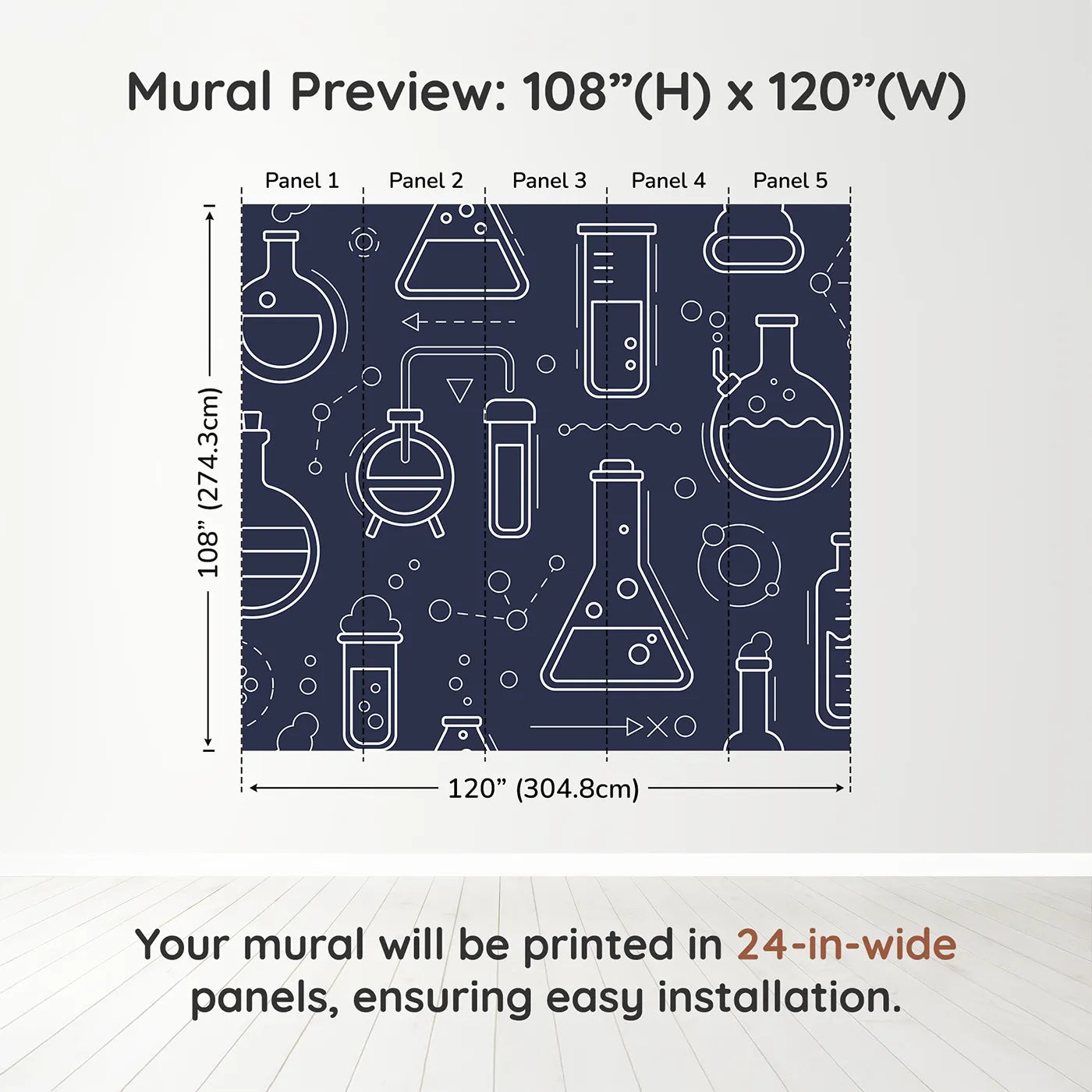 Whimsy Tots Chemistry Lab Line Art Wall Muraldimension view (108" H x 120" W). Printed in five 24-inch-wide panels. Gender-Neutral